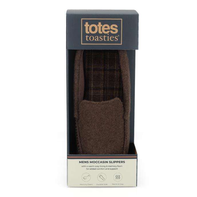totes toasties® Mens Felt Moccasin Slipper With Check Sock Brown Extra Image 7
